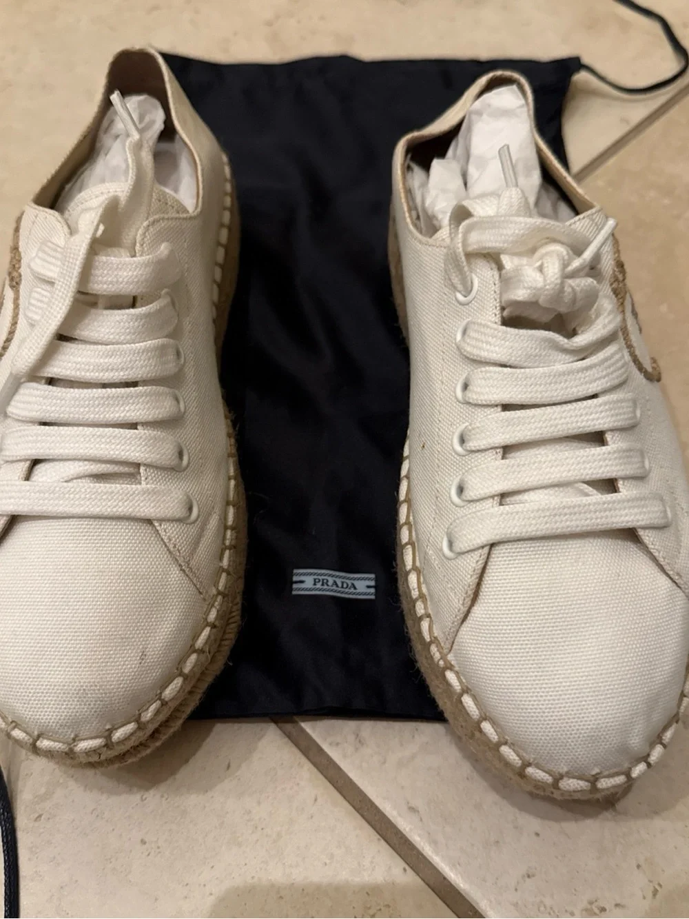 PRADA White Leather Espadrille Platform Sneaker with Jute Sole 38